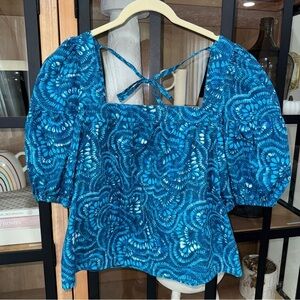 Marie Oliver blouse top square neck short puff sleeves tie back print hunterbell